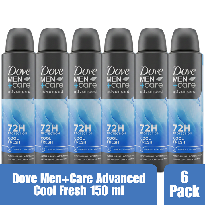 Dove Men+Care Advanced Cool Fresh Antiperspirant Deodorant Aerosol Spray 150ml 72H Protection Long-Lasting Aqua Scent Anti-Bacterial Odor Control 6-Pack