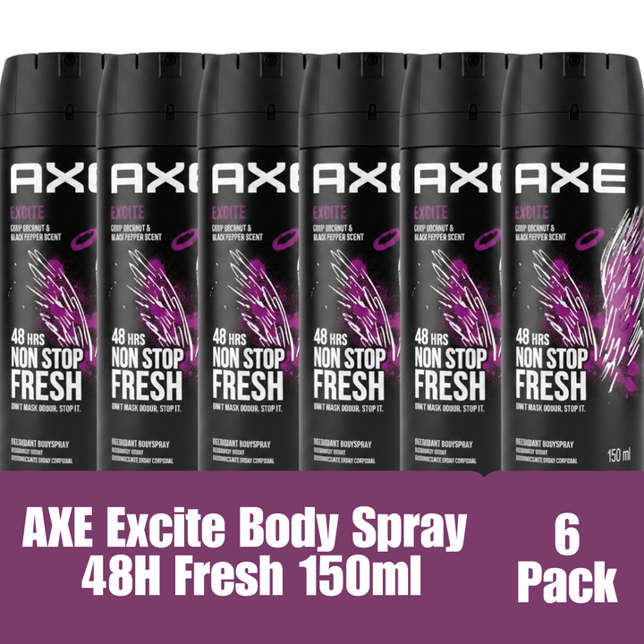 AXE Excite Crisp Coconut & Black Pepper Deodorant Body Spray 150ml (5.07 fl oz) 48H Freshness 6-Pack Imported
