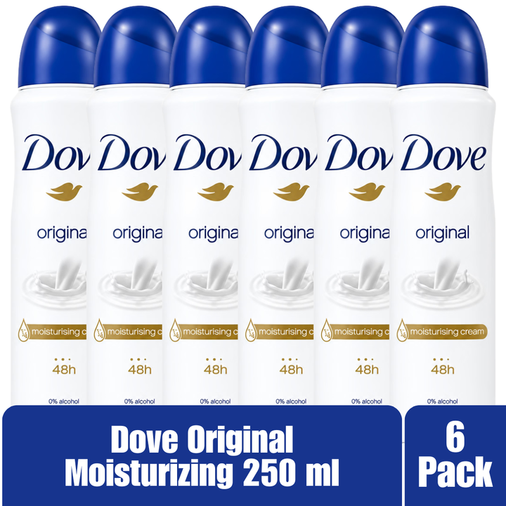 Dove Original 48H Antiperspirant Deodorant Spray, 1/4 Moisturising Cream, 250ml – 6-Pack