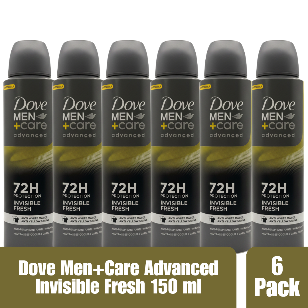 Dove Men+Care Advanced Invisible Fresh Antiperspirant Spray, 72H Odor & Sweat Protection, Anti-White Marks & Anti-Yellow Stains, 150ml (Pack of 6)