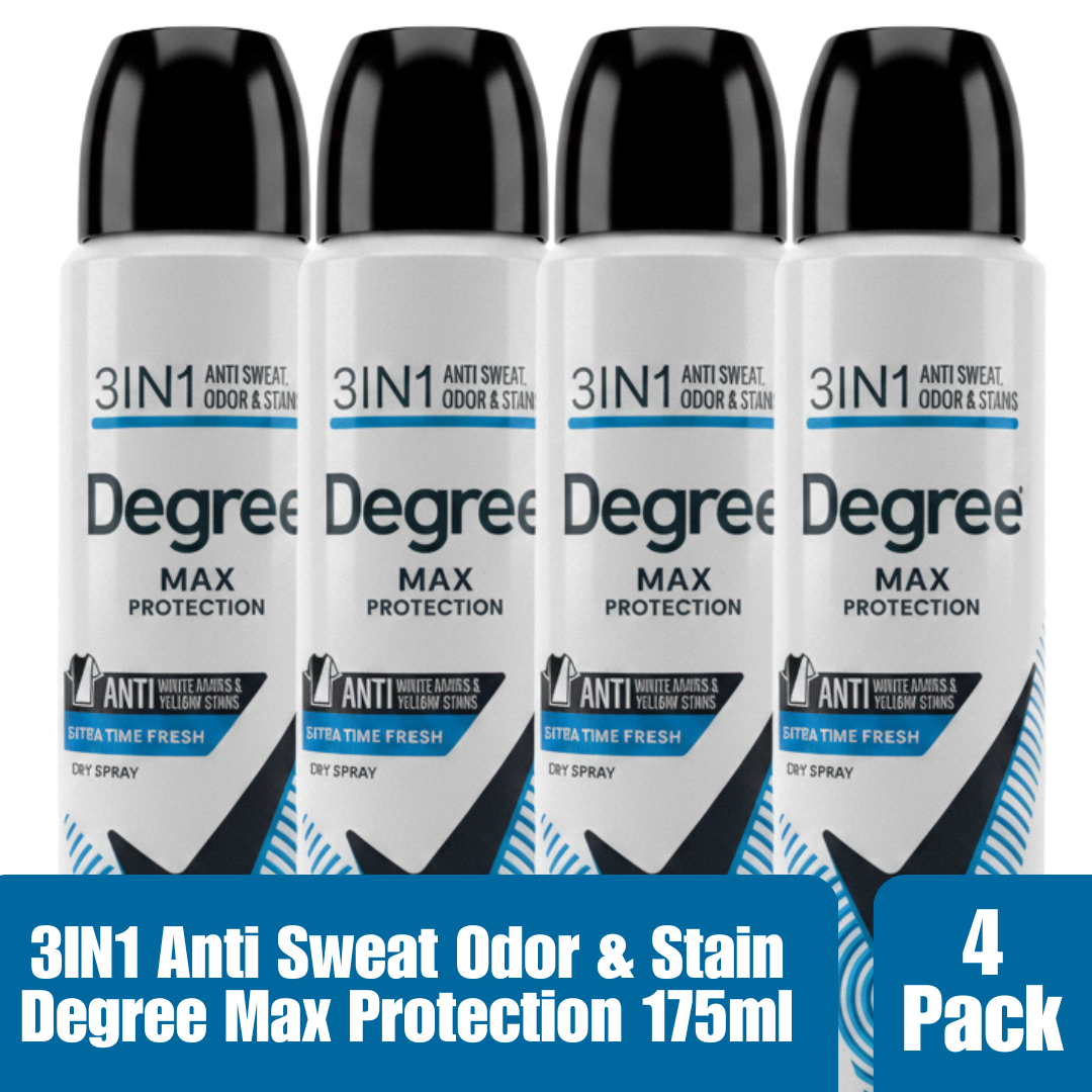 Degree Men MAX Protection 3-in-1 Antiperspirant Deodorant Dry Spray 4.8oz/175ml Anti Sweat Odor & Stains Anti White Marks Yellow Stain Control 4-Pack