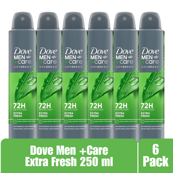 Dove Men+Care Advanced Extra Fresh Antiperspirant Spray 250 mL – Anti-Bacterial Odor Control, 72H Protection (6 Pack)