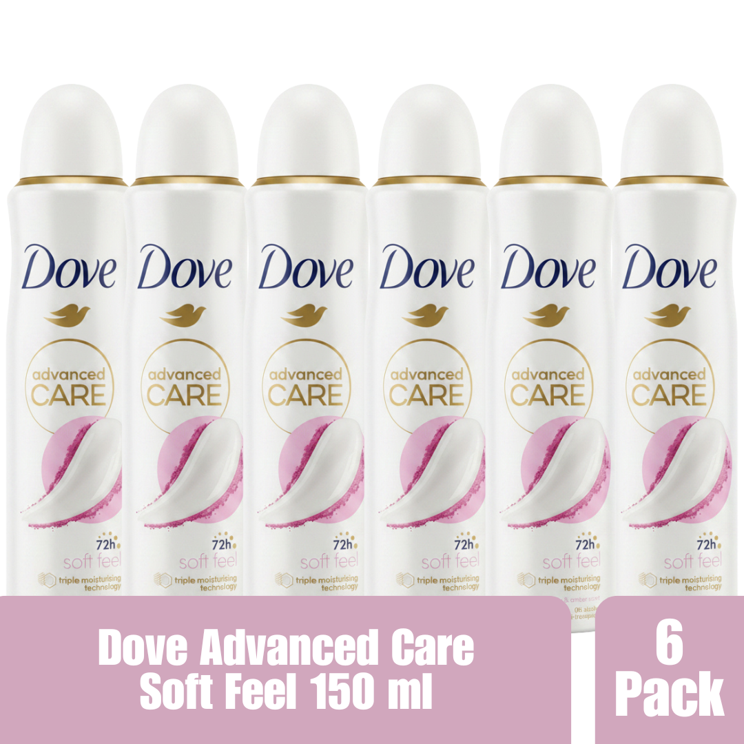 Dove Advanced Care Soft Feel Antiperspirant Spray, 72H Protection, Triple Moisturizing Technology, Peony & Amber Scent, 0% Alcohol, 150ml (Pack of 6)
