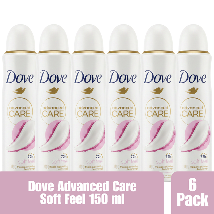 Dove Advanced Care Soft Feel Antiperspirant Spray, 72H Protection, Triple Moisturizing Technology, Peony & Amber Scent, 0% Alcohol, 150ml (Pack of 6)