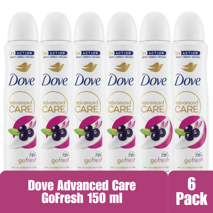 Dove Advanced Care Go Fresh Acai Berry & Waterlily Antiperspirant Spray, 72H Protection, Pro-Ceramide Technology, Alcohol-Free, 150ml (6-Pack)