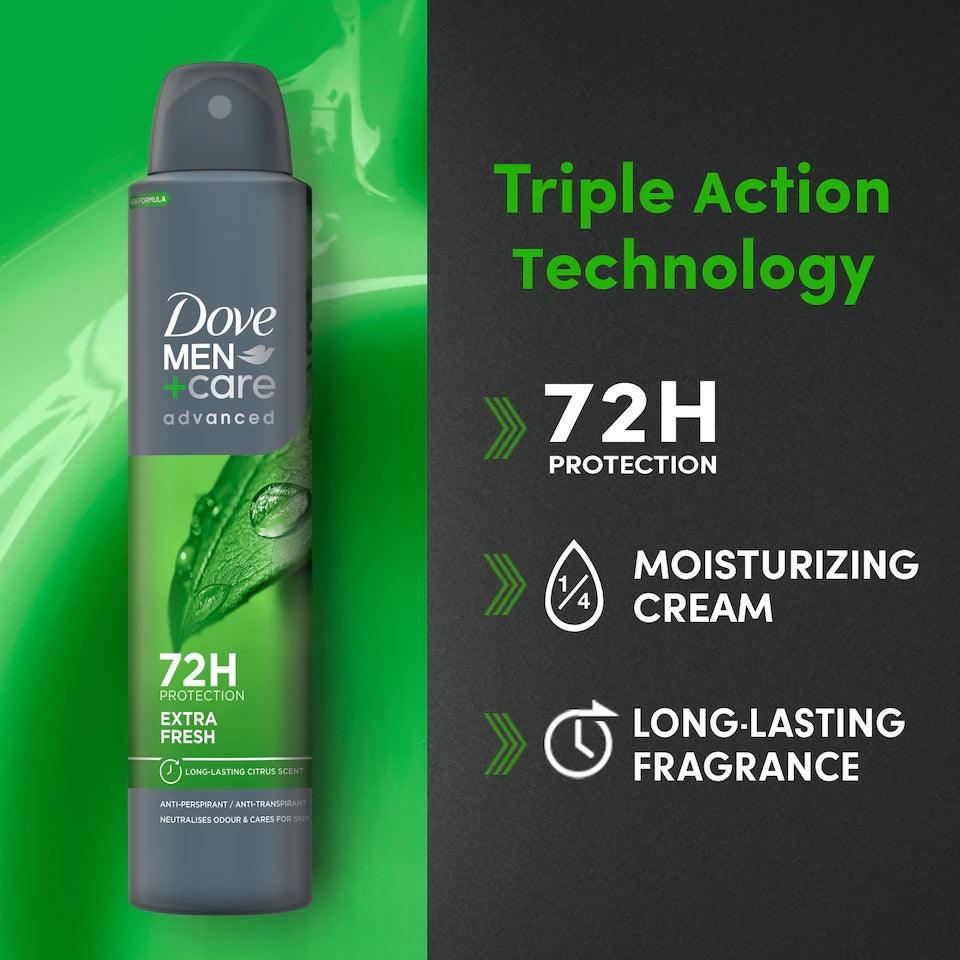 Dove Men+Care Advanced Extra Fresh Antiperspirant Spray 250 mL – Anti-Bacterial Odor Control, 72H Protection (6 Pack)