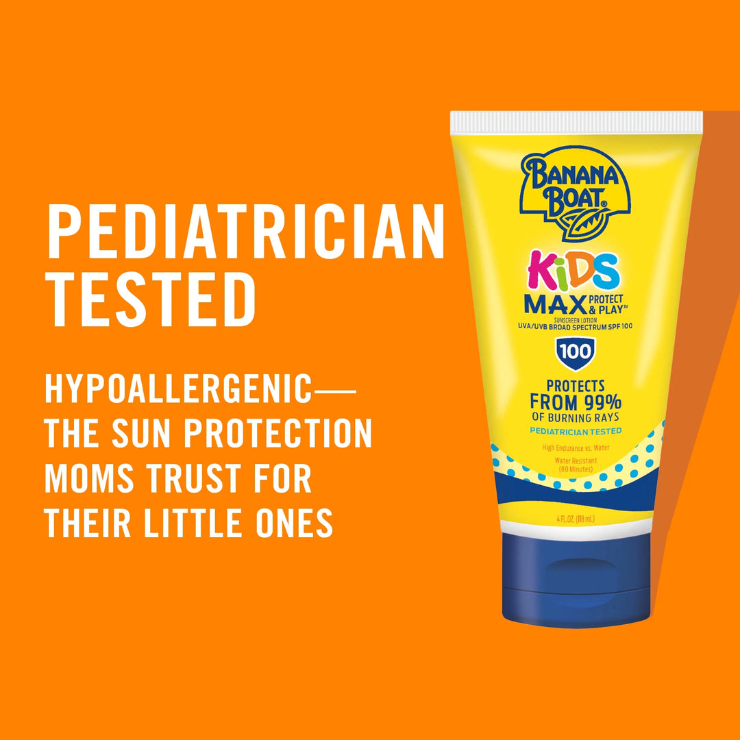 Banana Boat Kids Max Protect & Play Sunscreen SPF 100, 4 fl oz | Kids Sunscreen Lotion, Broad Spectrum UVA/UVB Protection, Water-Resistant (80 Min), Tear-Free, Hypoallergenic