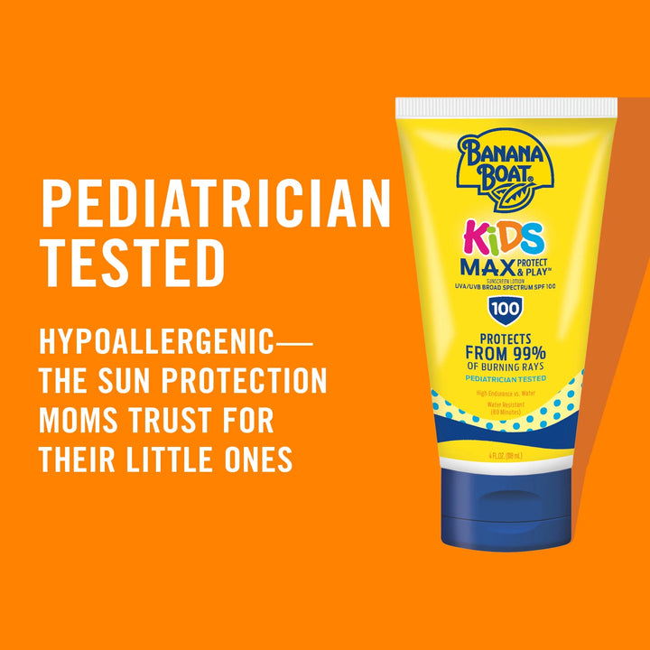 Banana Boat Kids Max Protect & Play Sunscreen SPF 100, 4 fl oz | Kids Sunscreen Lotion, Broad Spectrum UVA/UVB Protection, Water-Resistant (80 Min), Tear-Free, Hypoallergenic