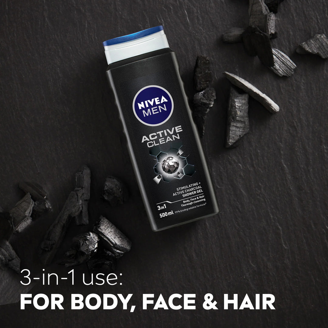 NIVEA MEN Active Clean 3-in-1 Shower Gel with Active Charcoal for Body, Face & Hair, 500ml