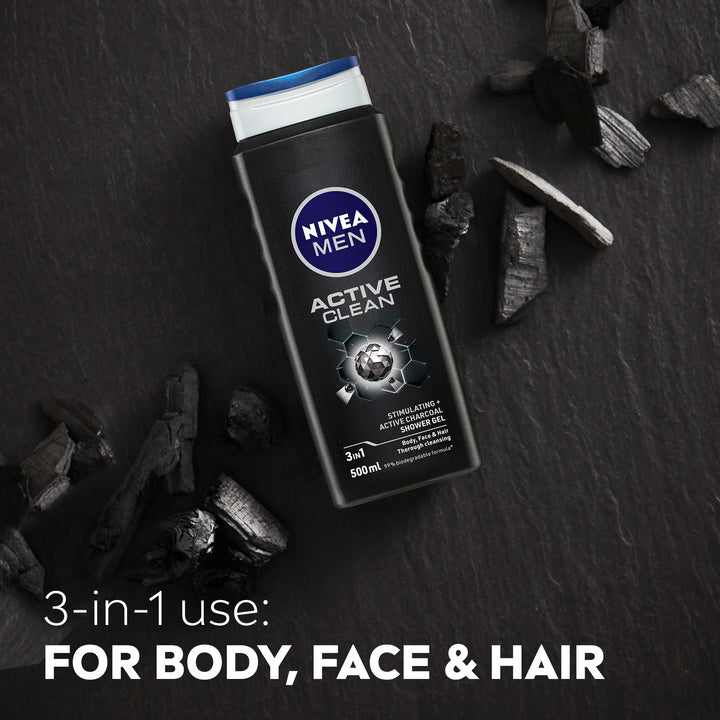 NIVEA MEN Active Clean 3-in-1 Shower Gel with Active Charcoal for Body, Face & Hair, 500ml