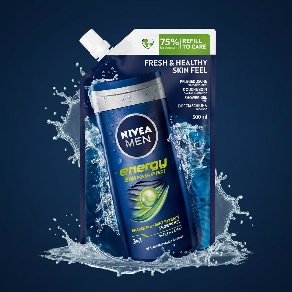 NIVEA MEN Energy 3-in-1 Shower Gel with Mint Extract, 24H Fresh Effect, Body Face & Hair Wash, 500ml