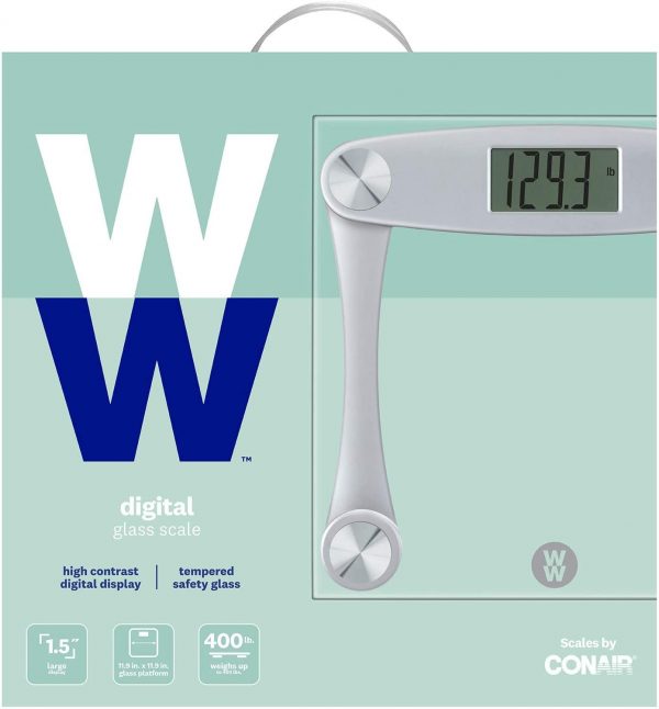 Weight Watchers by Conair Digital Glass Bathroom Scale | Body Weight Scale with Easy-to-Read Display, 400 lb Capacity, Non-Slip Feet, Silver Frame