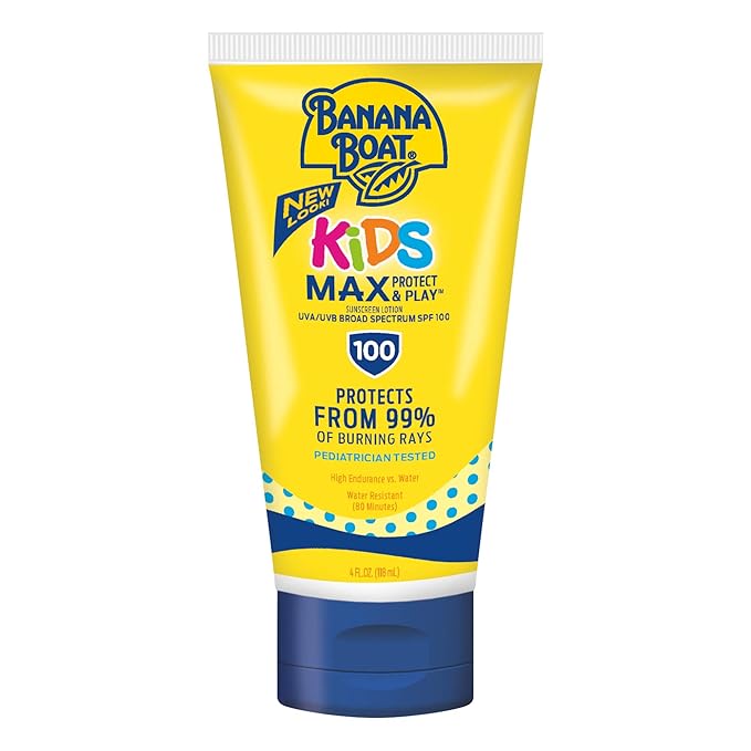 Banana Boat Kids Max Protect & Play Sunscreen SPF 100, 4 fl oz | Kids Sunscreen Lotion, Broad Spectrum UVA/UVB Protection, Water-Resistant (80 Min), Tear-Free, Hypoallergenic