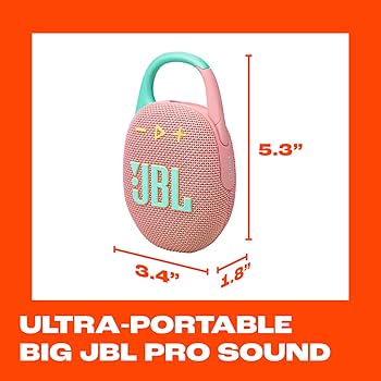 JBL Clip 5 Bluetooth Speaker (Pink) - Model: JBLCLIP5PINKAM | IP67 Waterproof, Built-in Carabiner, 12H Playtime, USB-C, PartyBoost, Made with Recycled Materials