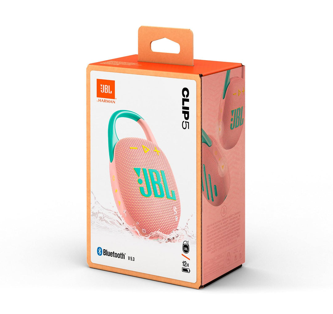 JBL Clip 5 Bluetooth Speaker (Pink) - Model: JBLCLIP5PINKAM | IP67 Waterproof, Built-in Carabiner, 12H Playtime, USB-C, PartyBoost, Made with Recycled Materials