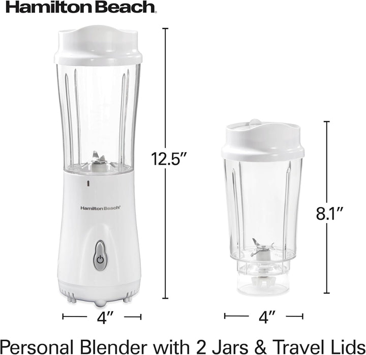 Hamilton Beach Portable Blender, 14 Oz Travel Cup & Lid (2 Jars) | Personal Blender for Smoothies, Shakes & Drinks, BPA-Free, Durable Stainless Steel Blades, White (51102V)