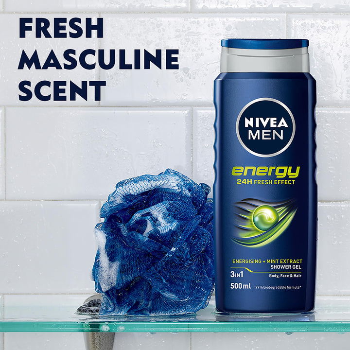 NIVEA MEN Energy 3-in-1 Shower Gel with Mint Extract, 24H Fresh Effect, Body Face & Hair Wash, 500ml
