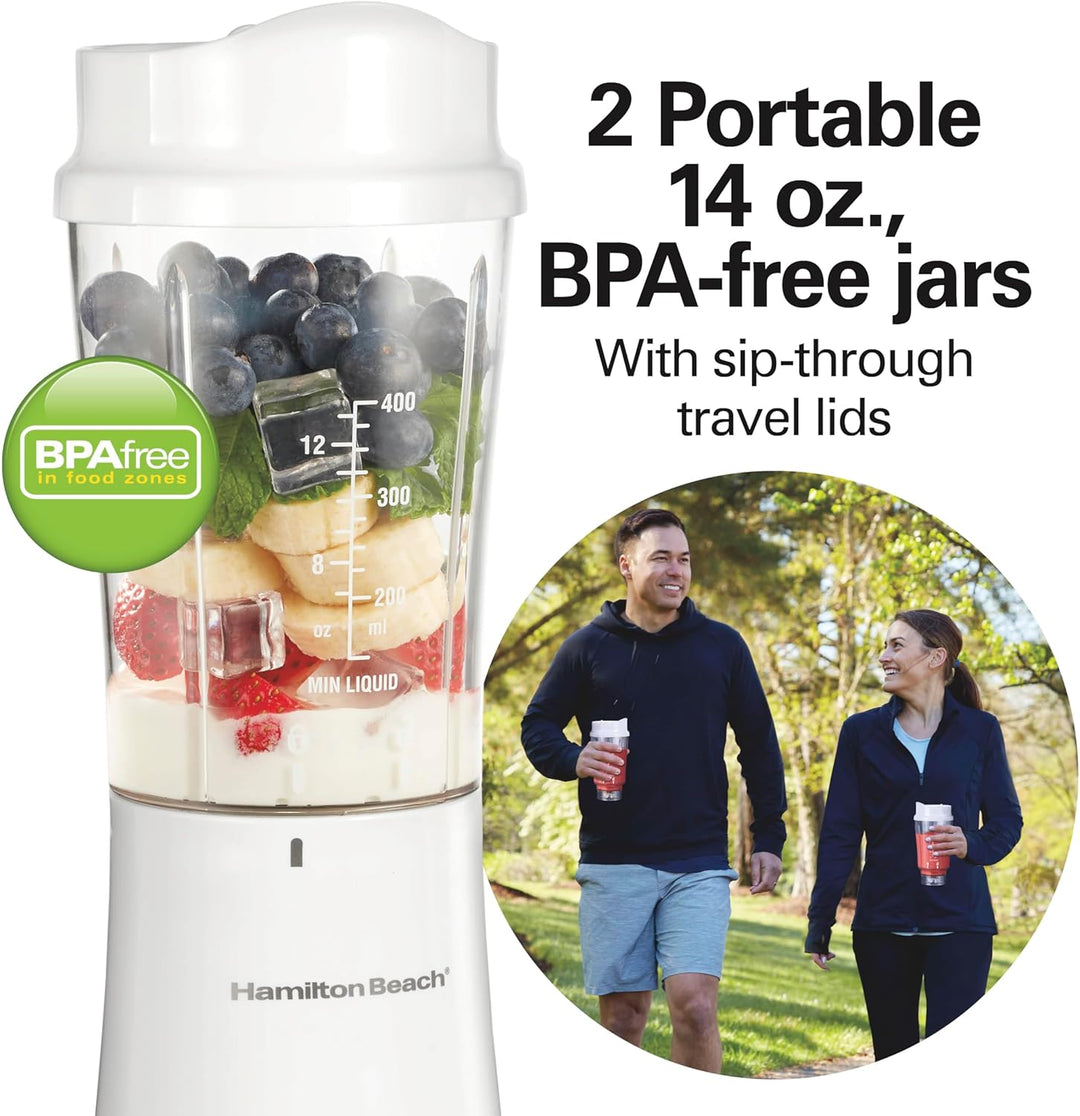 Hamilton Beach Portable Blender, 14 Oz Travel Cup & Lid (2 Jars) | Personal Blender for Smoothies, Shakes & Drinks, BPA-Free, Durable Stainless Steel Blades, White (51102V)