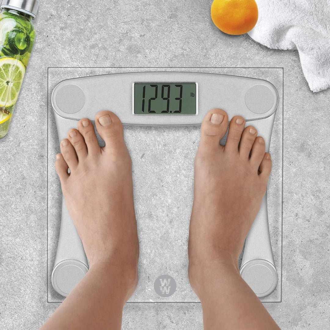 Weight Watchers by Conair Digital Glass Bathroom Scale | Body Weight Scale with Easy-to-Read Display, 400 lb Capacity, Non-Slip Feet, Silver Frame