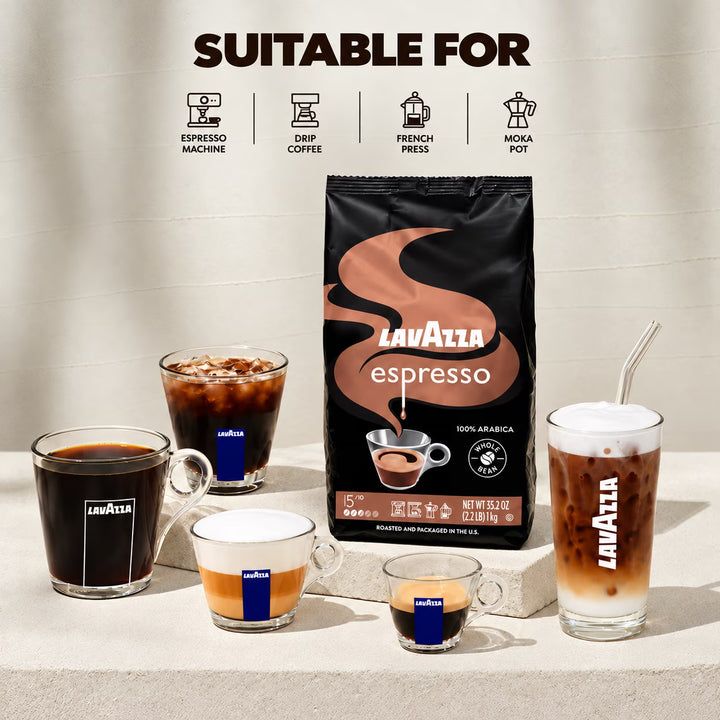 Lavazza Espresso Whole Bean Coffee, Medium Roast, 100% Arabica, 2.2 lb Bags – Pack of 2