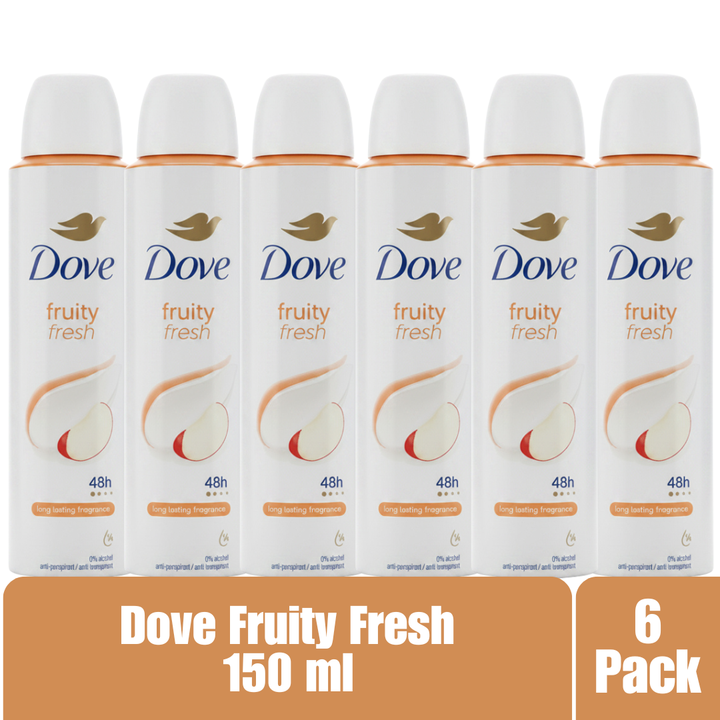 Dove Fruity Fresh Antiperspirant Deodorant Aerosol Spray 150ml 48H Protection Long Lasting Fragrance 1/4 Moisturizing Cream 0% Alcohol 6-Pack