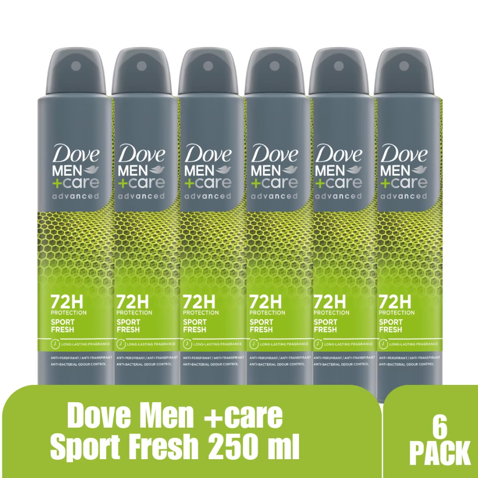 Dove Men+Care Advanced Sport Fresh Antiperspirant Spray, 72H Protection, Antibacterial Odor Control, 250ml (6-Pack)