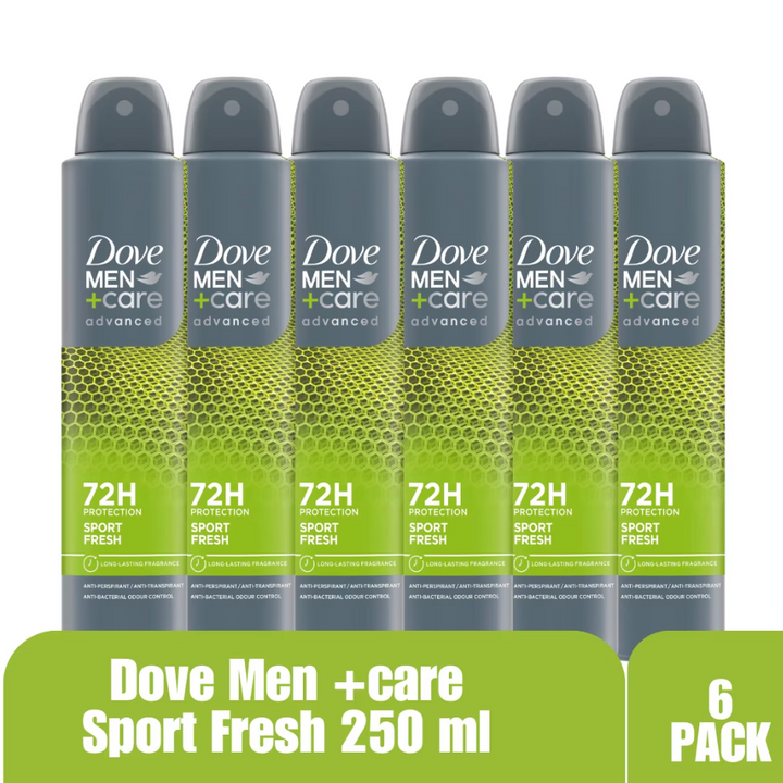 Dove Men+Care Advanced Sport Fresh Antiperspirant Spray, 72H Protection, Antibacterial Odor Control, 250ml (6-Pack)