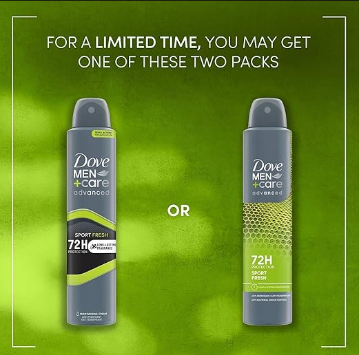 Dove Men+Care Advanced Sport Fresh Antiperspirant Spray, 72H Protection, Antibacterial Odor Control, 250ml (6-Pack)