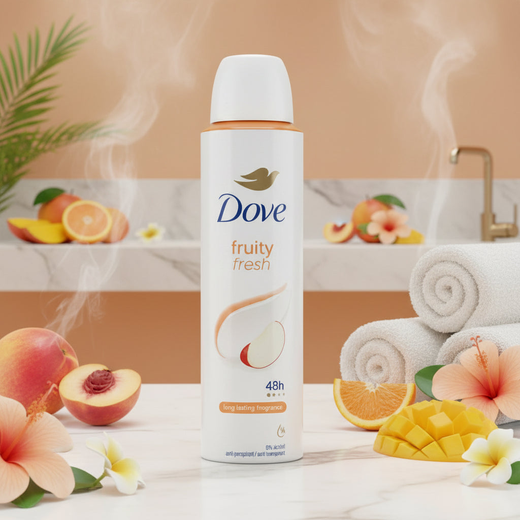 Dove Fruity Fresh Antiperspirant Deodorant Aerosol Spray 150ml 48H Protection Long Lasting Fragrance 1/4 Moisturizing Cream 0% Alcohol 6-Pack
