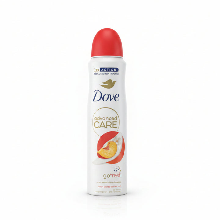 Dove Advanced Care Go Fresh Peach & White Blossom Antiperspirant Spray, 72H Protection, Pro-Ceramide Technology, 0% Alcohol, 150ml (Pack of 6)