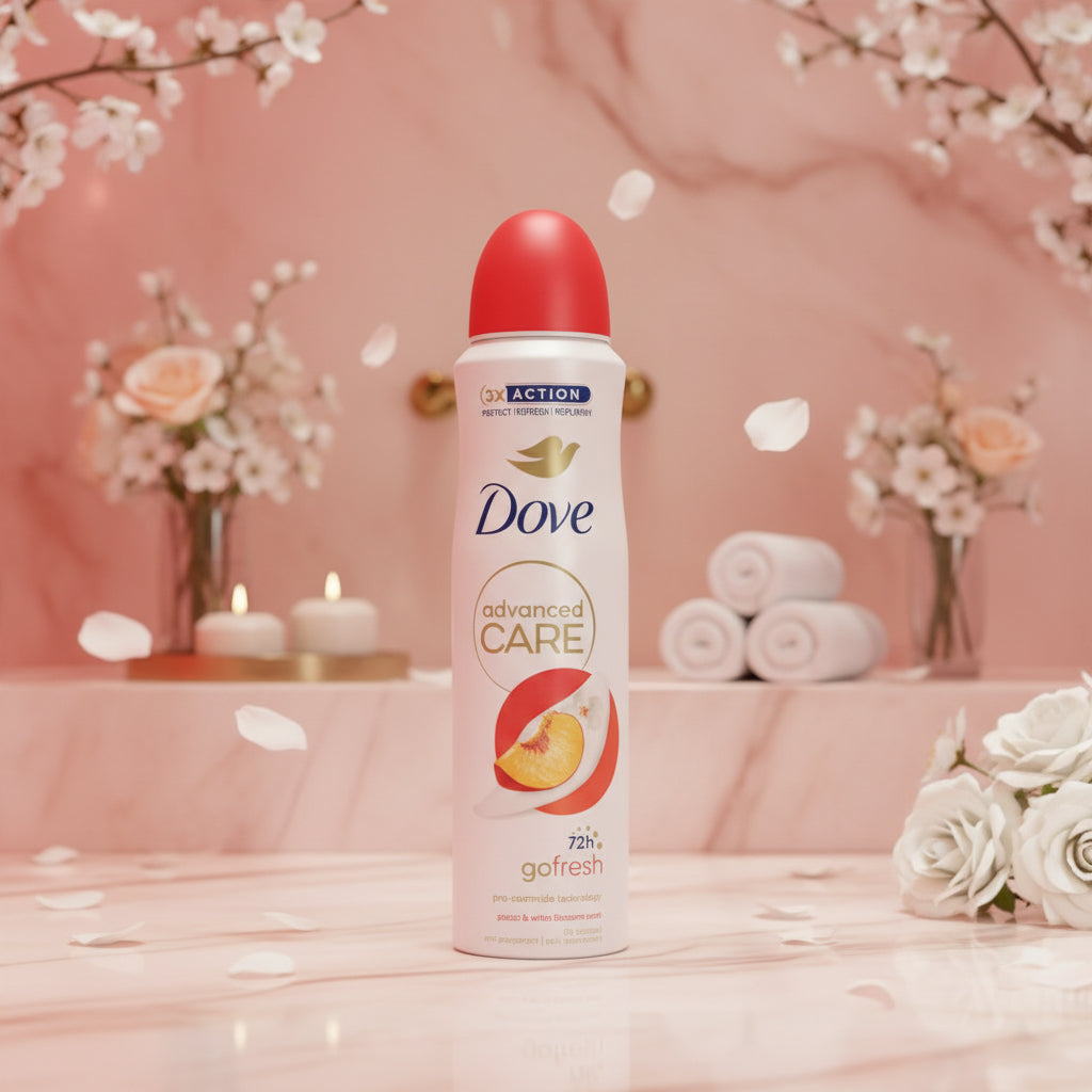 Dove Advanced Care Go Fresh Peach & White Blossom Antiperspirant Spray, 72H Protection, Pro-Ceramide Technology, 0% Alcohol, 150ml (Pack of 6)