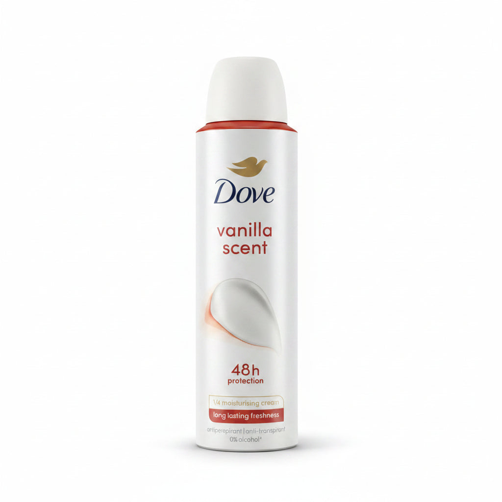 Dove Vanilla Antiperspirant Deodorant Spray, 48H Protection, 1/4 Moisturizing Cream, 0% Alcohol, Long-Lasting Freshness, 150ml (Pack of 6)