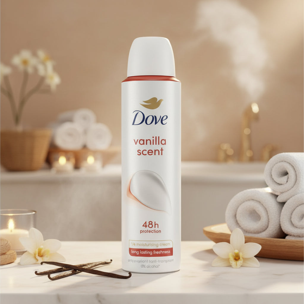 Dove Vanilla Antiperspirant Deodorant Spray, 48H Protection, 1/4 Moisturizing Cream, 0% Alcohol, Long-Lasting Freshness, 150ml (Pack of 6)