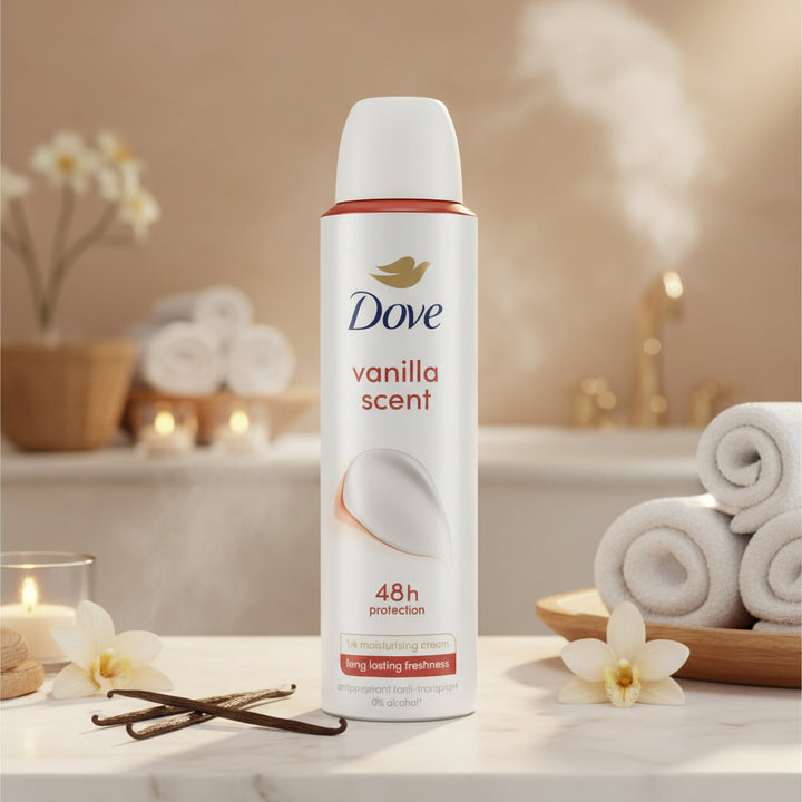 Dove Vanilla Antiperspirant Deodorant Spray, 48H Protection, 1/4 Moisturizing Cream, 0% Alcohol, Long-Lasting Freshness, 150ml (Pack of 6)