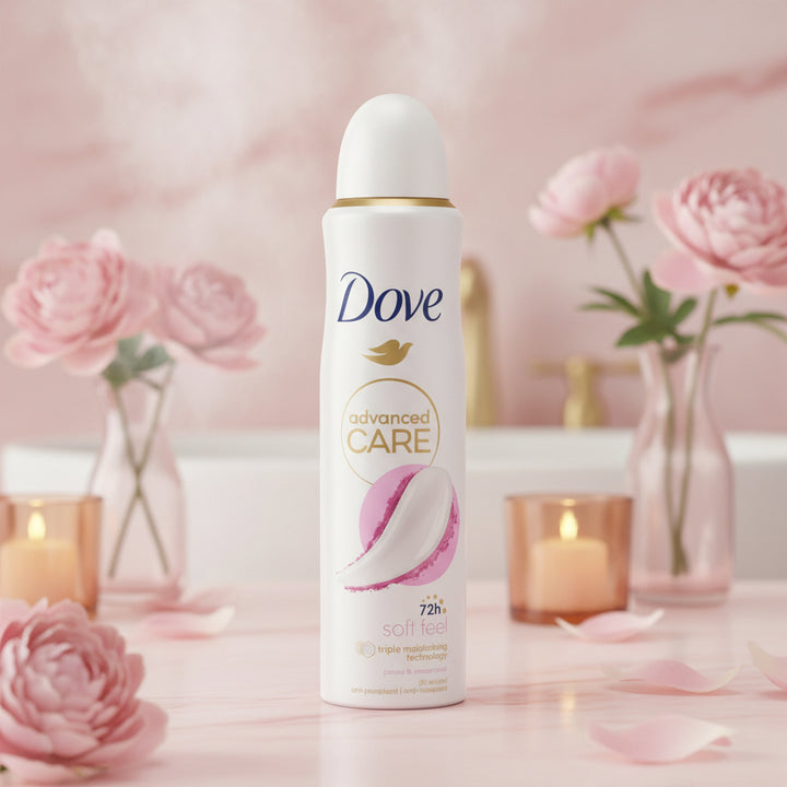 Dove Advanced Care Soft Feel Antiperspirant Spray, 72H Protection, Triple Moisturizing Technology, Peony & Amber Scent, 0% Alcohol, 150ml (Pack of 6)