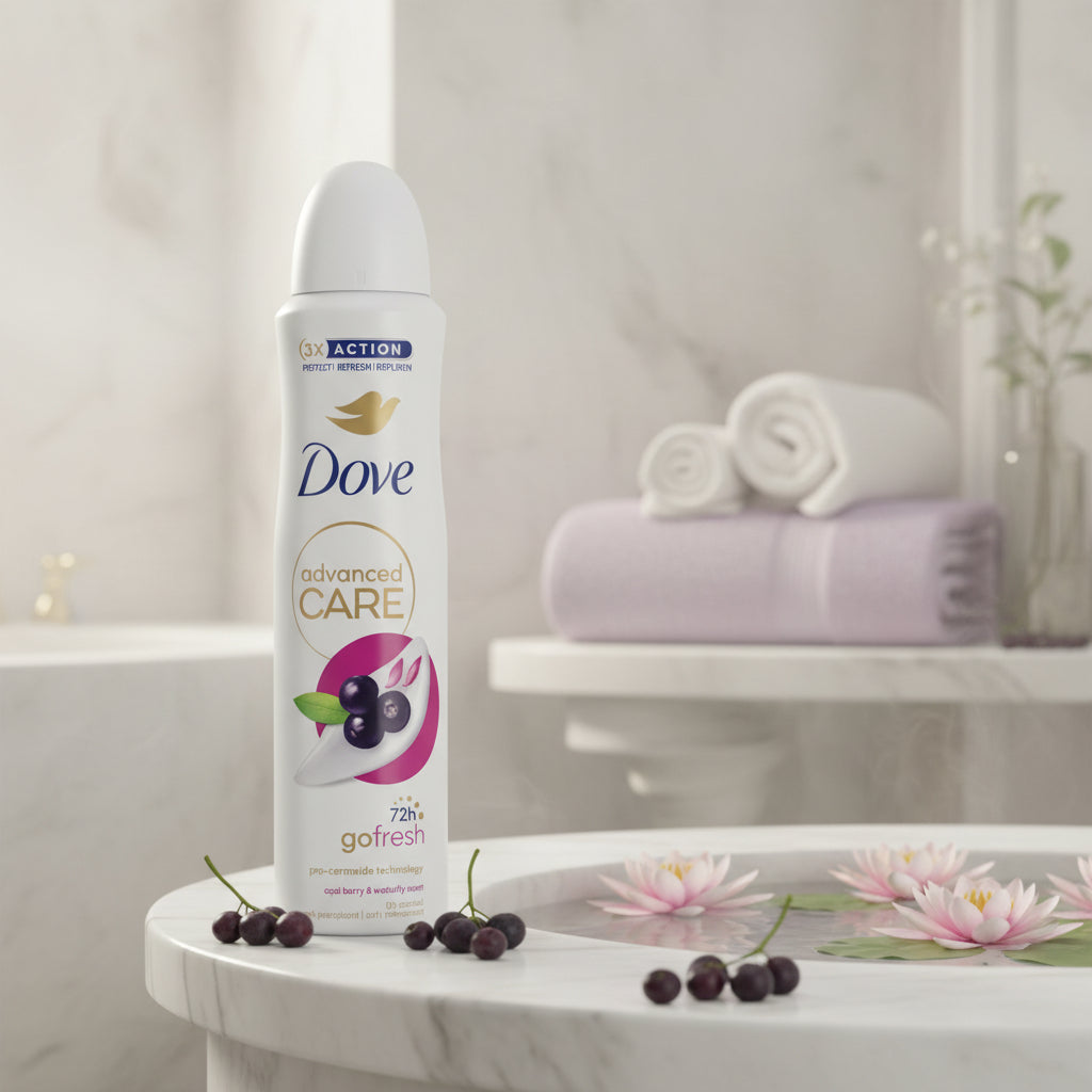 Dove Advanced Care Go Fresh Acai Berry & Waterlily Antiperspirant Spray, 72H Protection, Pro-Ceramide Technology, Alcohol-Free, 150ml (6-Pack)