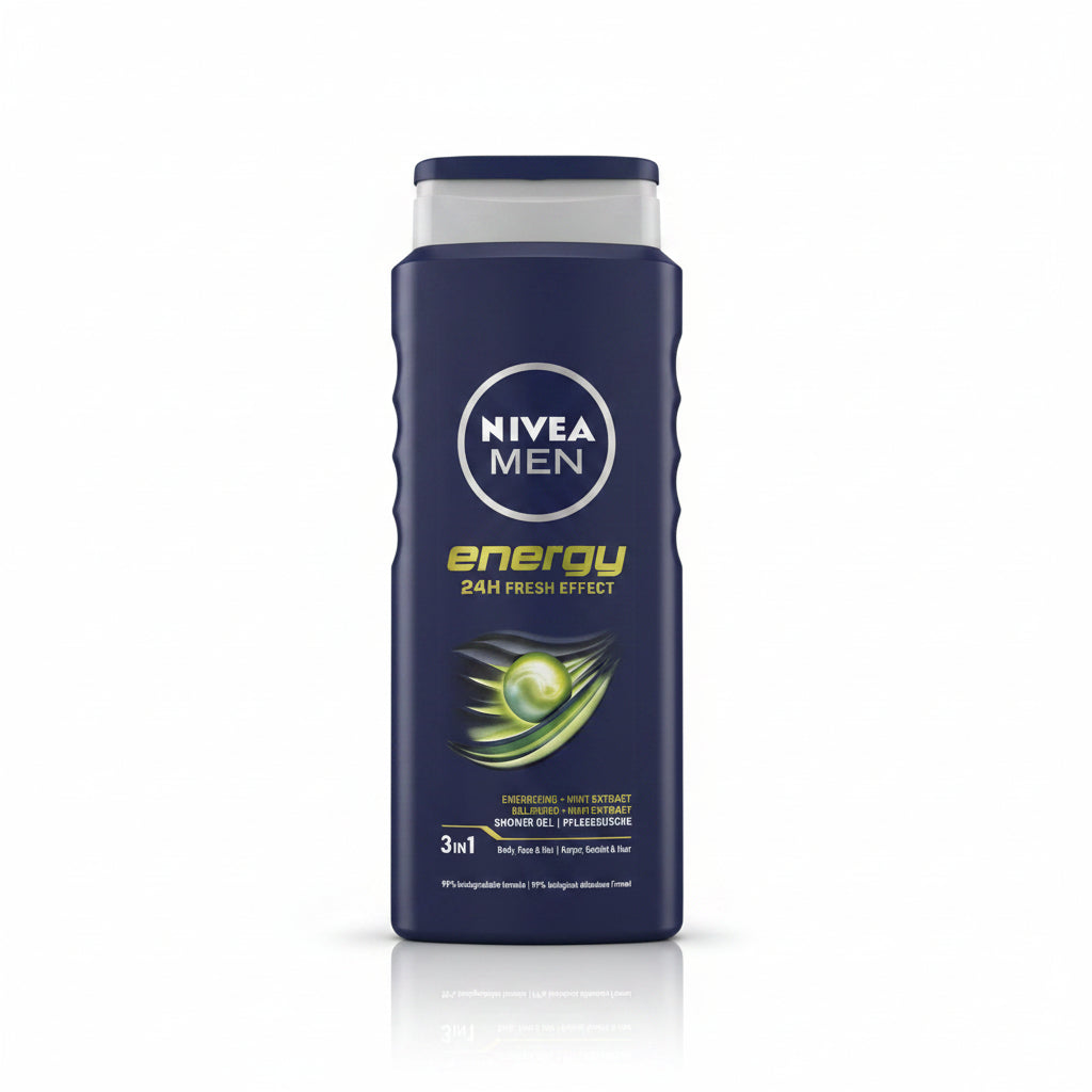 NIVEA MEN Energy 3-in-1 Shower Gel with Mint Extract, 24H Fresh Effect, Body Face & Hair Wash, 500ml