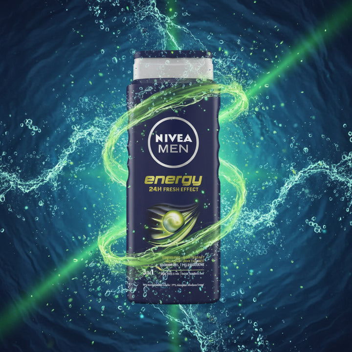 NIVEA MEN Energy 3-in-1 Shower Gel with Mint Extract, 24H Fresh Effect, Body Face & Hair Wash, 500ml