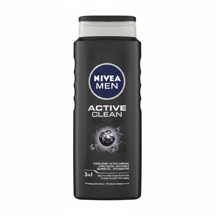 NIVEA MEN Active Clean 3-in-1 Shower Gel with Active Charcoal for Body, Face & Hair, 500ml