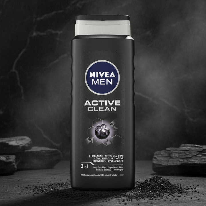 NIVEA MEN Active Clean 3-in-1 Shower Gel with Active Charcoal for Body, Face & Hair, 500ml