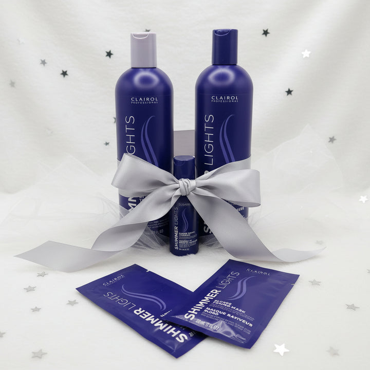 Clairol Professional Shimmer Lights Blonde Toning Hair Care Gift Bundle Shampoo, Conditioner & 2 FREE Masks, 1 FREE Mini Shampoo (5-Piece Set)
