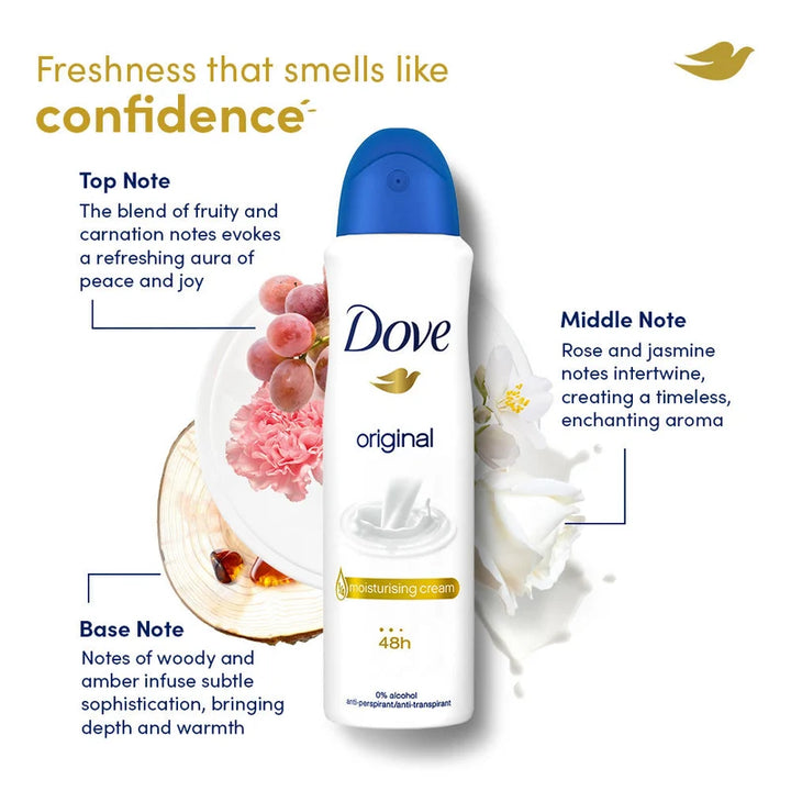 Dove Original 48H Antiperspirant Deodorant Spray, 1/4 Moisturising Cream, 250ml – 6-Pack