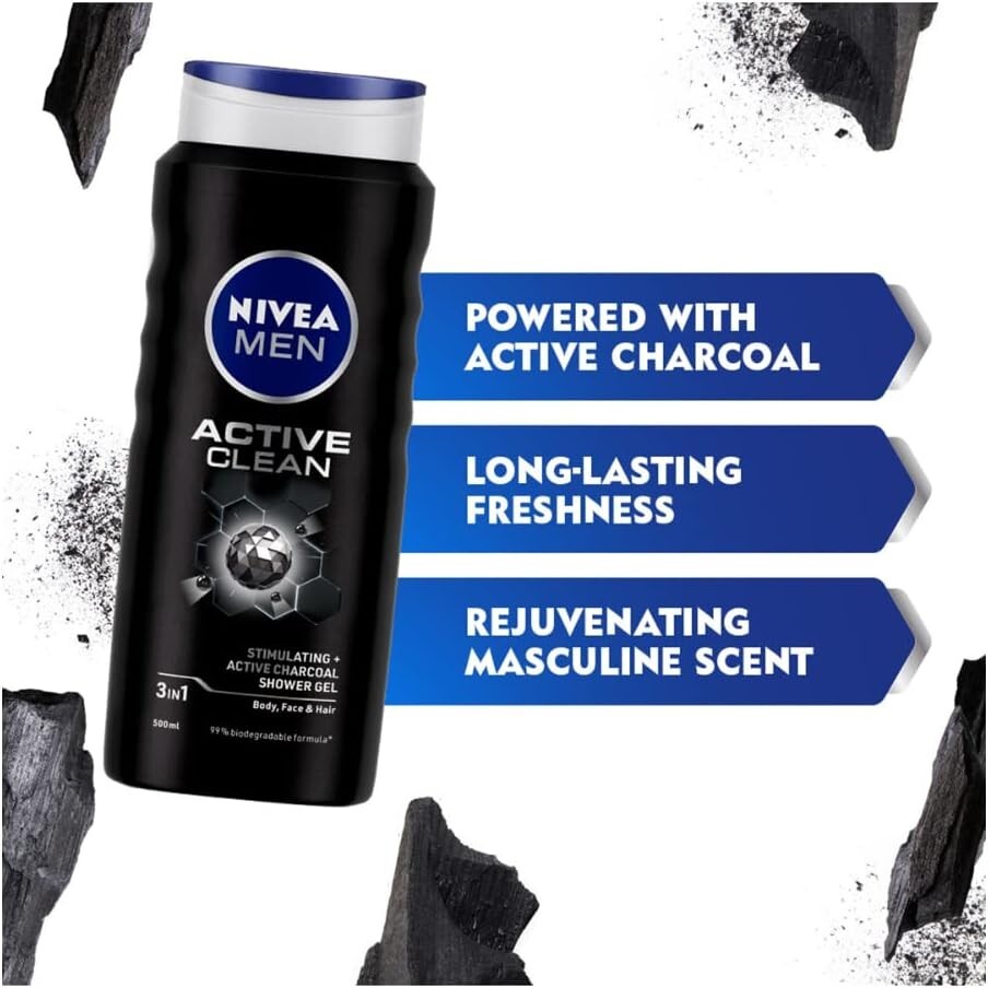 NIVEA MEN Active Clean 3-in-1 Shower Gel with Active Charcoal for Body, Face & Hair, 500ml