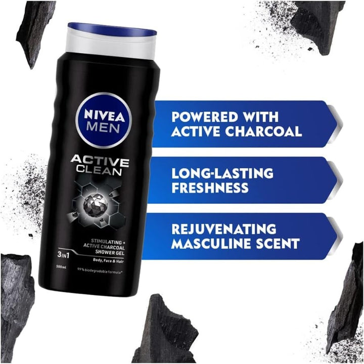 NIVEA MEN Active Clean 3-in-1 Shower Gel with Active Charcoal for Body, Face & Hair, 500ml