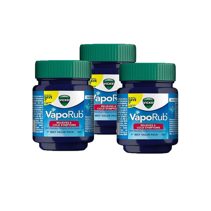 Vicks VapoRub Cooling Balm 25ml + 20% Extra – Instant Cough & Congestion Relief with Menthol, Camphor, Eucalyptus Oil | Travel Size (Pack of 3)